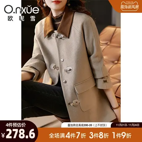 欧昵雪2023冬季新品翻领中长款加厚呢大衣女插肩长袖直筒保暖外套商品大图