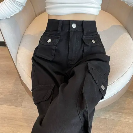 黑色牛仔工装裤女2024春秋新款美式窄版多口袋直筒盐系阔腿拖地裤商品大图