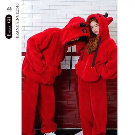 Bananagirl珊瑚绒情侣睡衣女士秋冬加厚保暖卡通大码家居服红色男商品大图