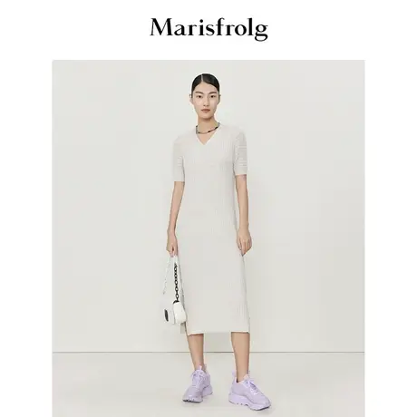 玛丝菲尔夏季新款V领气质素雅浅灰色坑条纹针织短袖连衣裙图片
