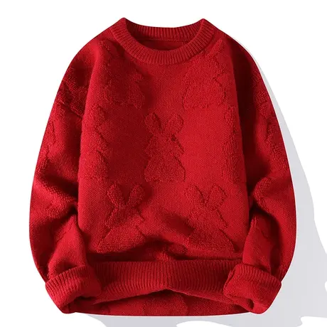 2023秋冬季新款红色圆领毛衣男加厚保暖扭花兔长袖针织打底衫男装商品大图