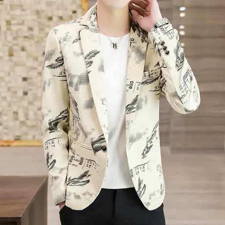 轻薄新款男士西服韩版修身潮流小西装休闲印花上衣服外套青年男装图片