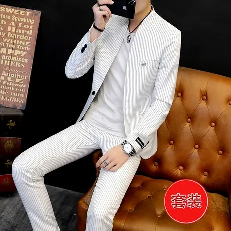 西装套装男士潮流条纹帅气单西裤子两件套造型师韩版修身型小西服商品大图