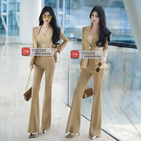 VJE早秋气质西装通勤OL职业套装2023新款小西服外套喇叭裤两件套图片