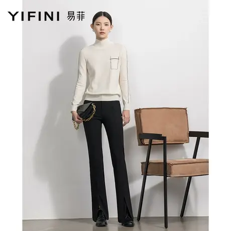 Yifini/易菲通勤休闲黑色微喇裤女春秋新款弹力宽松高腰裤子商品大图