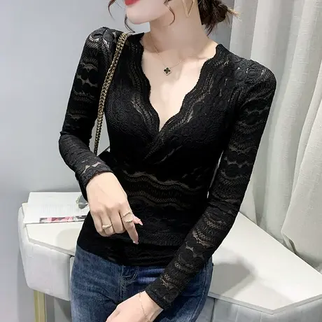 性感V领蕾丝打底衫女春秋时尚洋气镂空长袖上衣欧货显瘦百搭小衫商品大图