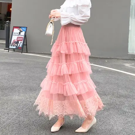 新款春秋显瘦拼接蕾丝优雅仙女裙中长款网纱半身裙甜美A字蛋糕裙图片