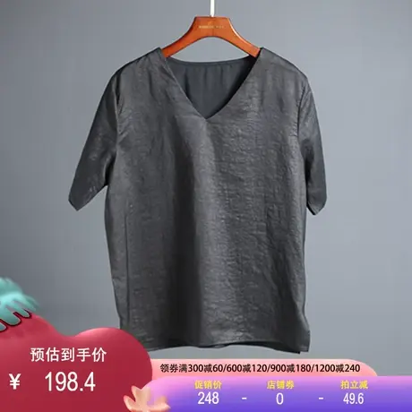 龟纹香云纱真丝上衣女2023春夏新款桑蚕丝黑色宽松妈妈装短袖T恤图片