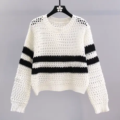 条纹镂空毛衣女早秋2023新款宽松时尚设计感外搭短款长袖针织衫图片