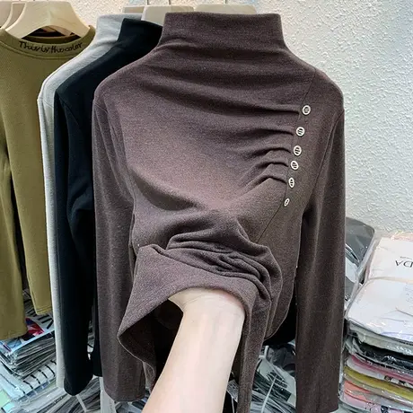 半高领打底衫女德绒内搭洋气加厚T恤长袖设计感小众保暖上衣欧货图片