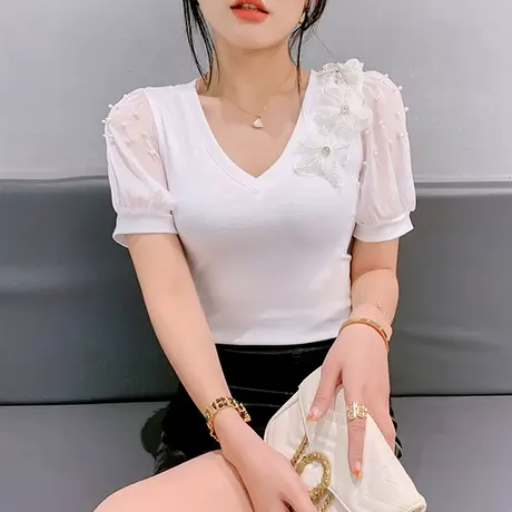性感V领泡泡袖T恤女2024夏季新款网纱拼接短袖上衣别致钉珠小衫潮商品大图