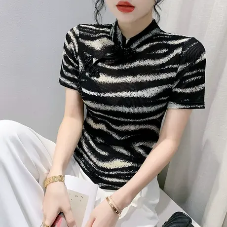 复古立领盘扣上衣女短袖国风中式改良不规则T恤气质印花网纱小衫商品大图