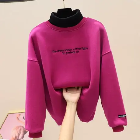 2023年秋冬季新款加绒加厚半高领打底衫女百搭保暖假两件卫衣外套图片