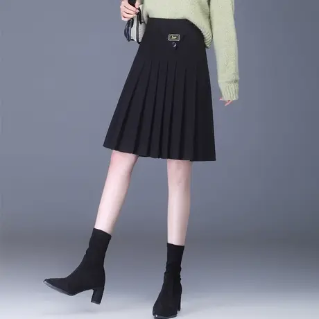 针织半身裙女秋冬2022新款高腰显瘦百褶a字裙黑色短裙毛线裙伞裙图片