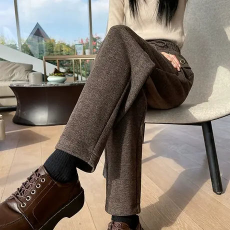 咖啡色羊绒小直筒休闲裤女秋冬新款高腰小个子加厚显瘦毛呢哈伦裤商品大图