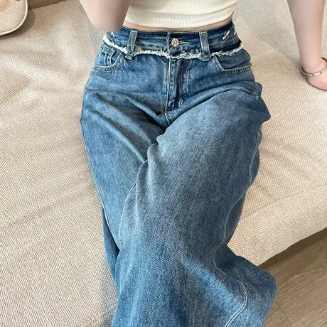 蓝色阔腿牛仔裤女2023年春秋新款高腰垂感窄版宽松显瘦直筒拖地裤图片