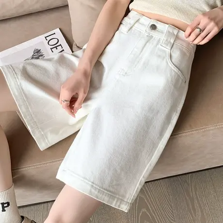 白色牛仔短裤女夏季2023新款小个子a字阔腿梨型身材阔腿四五分裤图片