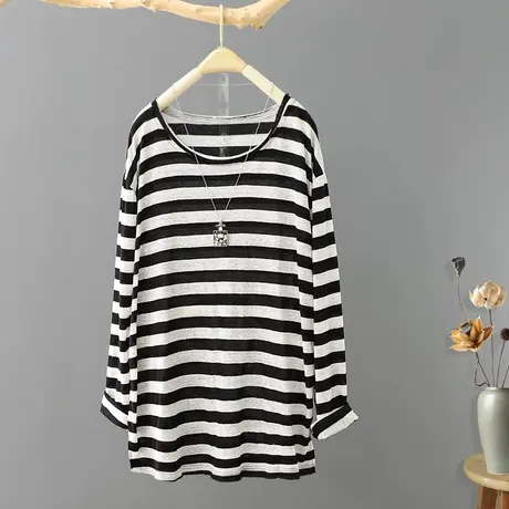 春季新款复古文艺条纹长袖t恤女宽松百搭圆领打底衫休闲体恤上衣图片
