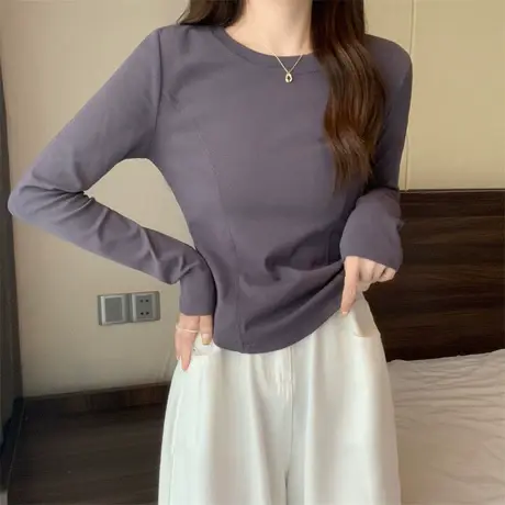 辣妹v领长袖t恤女春秋薄款2024新款上衣设计感小众灰色针织打底衫图片