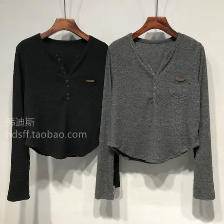 春秋装韩国ulzzang新款字母皮标小口袋小个子短款长袖T恤上衣女图片