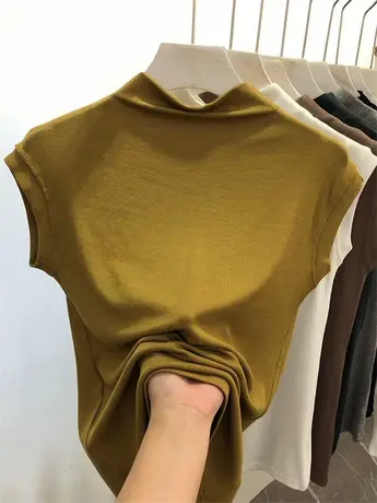 欧货半高领针织衫无袖T恤女2023春季新款螺纹设计感修身小衫上衣图片