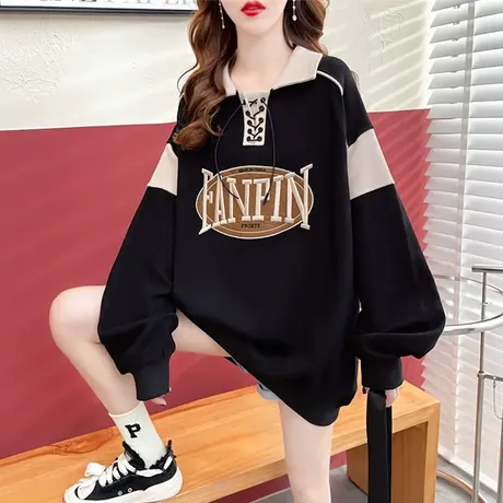 早秋翻领polo衫卫衣女春秋季韩版宽松中长款初秋薄款绑带上衣外套图片