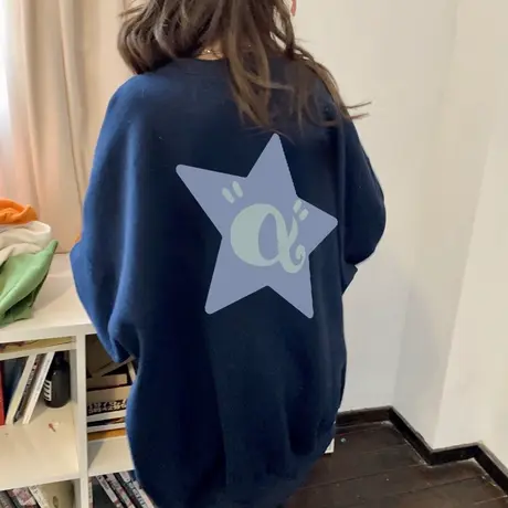 港味复古oversize大码蓝色卫衣女秋冬加绒ins潮新款宽松圆领上衣商品大图