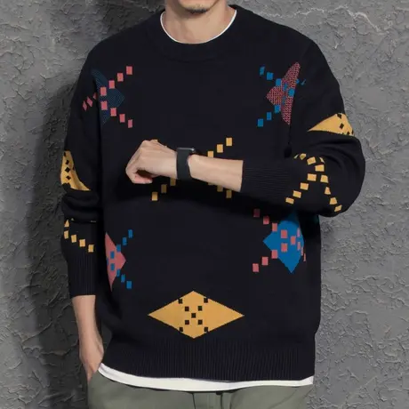 奕飏设计师男装2021秋冬季新款加厚圆领毛衣男士打底衫针织衫外套图片