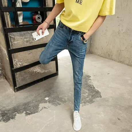 2023春夏新款水洗天蓝色百搭牛仔裤男修身小脚裤子青年猫爪铅笔裤商品大图