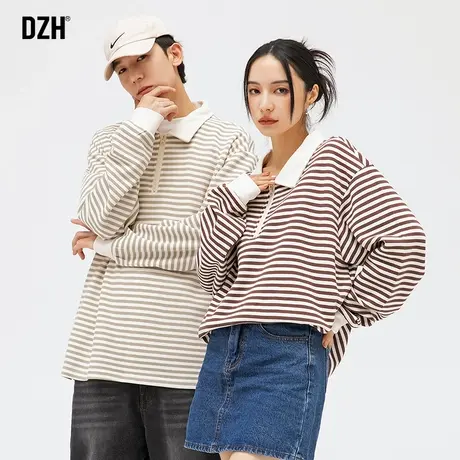 情侣半拉链polo衫长袖t恤潮牌春秋款上衣宽松条纹情侣装2023新款商品大图
