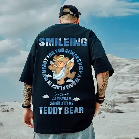 小熊情侣短袖夏装潮牌男装衣服圆领宽松大码半袖上衣印花t恤潮流商品大图