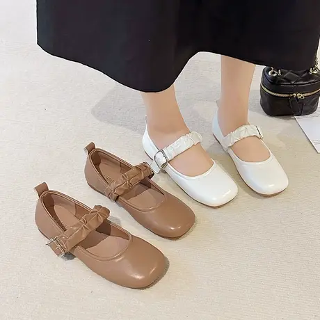 浅口白色百搭平底单鞋女2023新款秋季软底豆豆鞋复古法式玛丽珍鞋商品大图