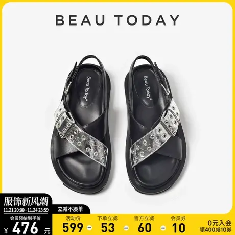 BeauToday英伦风厚底凉鞋女BT交叉带凉拖鞋外穿金属朋克真皮新款图片