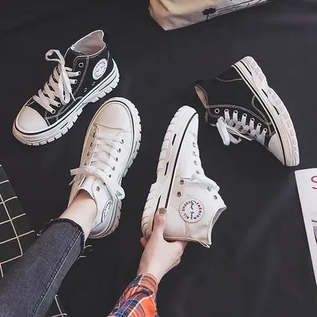 帆布鞋女2020秋款高帮小白鞋女韩版ulzzang原宿百搭学生复古板鞋商品大图