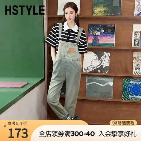 韩都衣舍2023夏新款街头复古减龄高腰百搭牛仔背带裤女商品大图