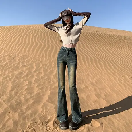 水泥灰高腰加绒微喇牛仔裤女秋冬2023年新款显瘦小个子九分喇叭裤商品大图