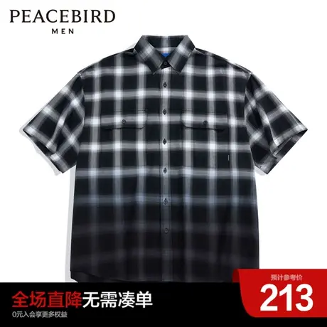 太平鸟男装奥莱 格纹渐变衬衣男夏季新款外穿式宽松翻领短袖衬衫图片
