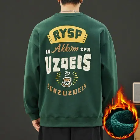 秋冬季潮牌痞帅加绒加厚圆领卫衣2023新款男装重磅打底长袖上衣服商品大图