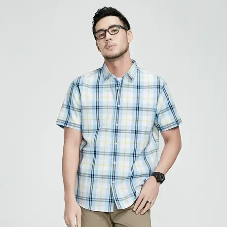 格慕施夏季纯棉舒适格子短袖衬衫男士休闲大码宽松薄款衬衣男图片