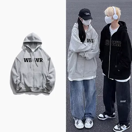 情侣装卫衣女2023新款秋冬季上衣宽松慵懒风连帽加绒加厚开衫外套商品大图