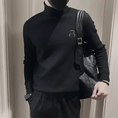 高领毛衣男冬季2023新款潮流纯色韩版修身小熊轻熟针织衫打底线衣商品大图