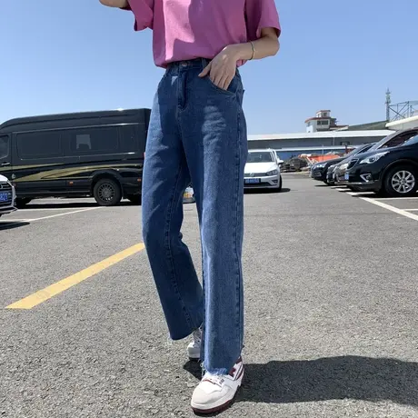 唐狮女牛仔长裤新秋冬款复古工装裤子灰蓝色大码宽松梨形流行女裤图片