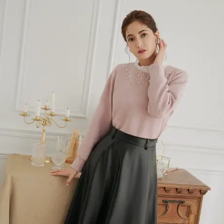 桔熊秋冬甜美保暖加厚磨毛衫温柔钉珠蕾丝立领上衣女大码AB14330图片