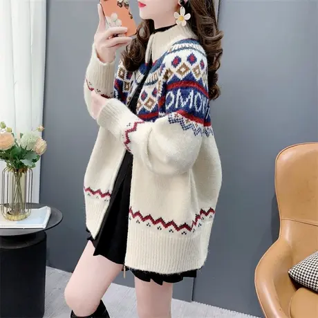 日系复古费尔岛半高领针织开衫女春季2024年新款宽松加厚毛衣外套商品大图