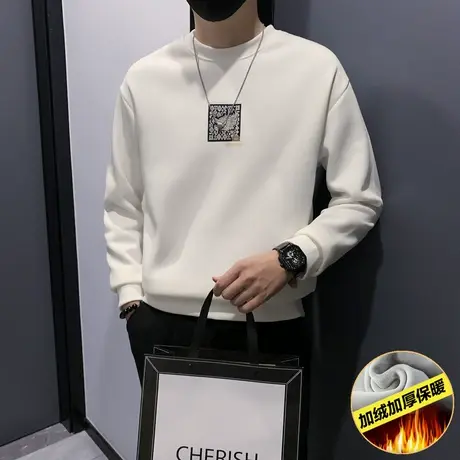 加绒卫衣男冬季2023新款潮牌宽松保暖加厚印花套头内搭上衣T恤衫商品大图