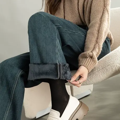 冬季加绒阔腿牛仔裤女2024新款秋冬加厚裤子高腰窄版直筒裤拖地裤图片