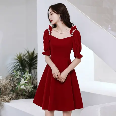 酒红色小礼服敬酒服新娘女夏季平时可穿订婚连衣裙小个子法式短款图片