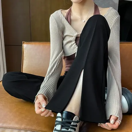 喇叭西装裤女2024春夏季薄款高腰显瘦垂感小个子开叉休闲微喇裤子图片