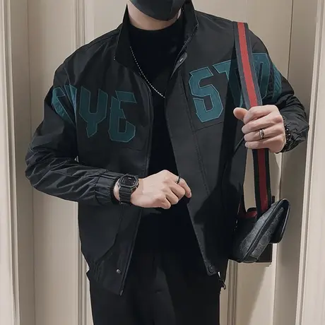 潮牌立领飞行员夹克男春季2024新款潮流痞帅撞色字母工装外套上衣图片