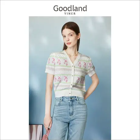 【季夏恋果】Goodland美地女装2023夏季V领短袖印花针织上衣商品大图